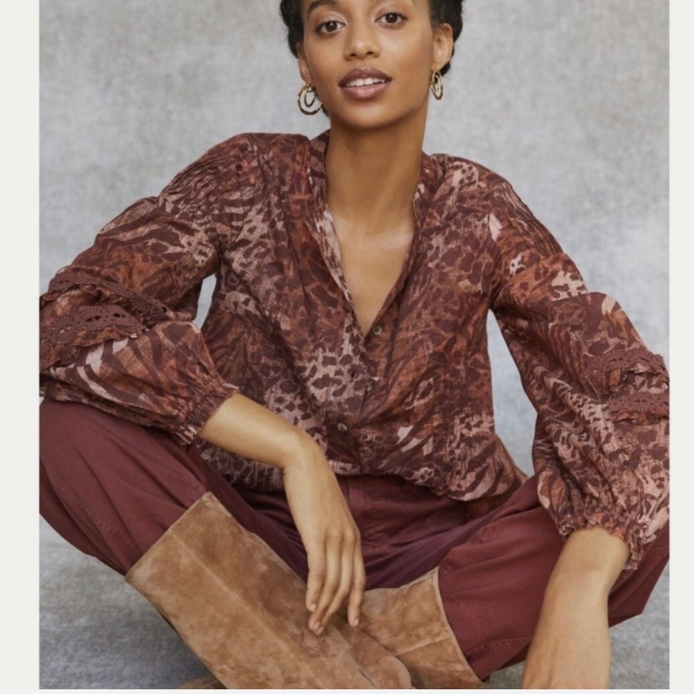Pilcro Anthropologie Boho Animal Print Lace‎ Accent Button Down Blouse Brown